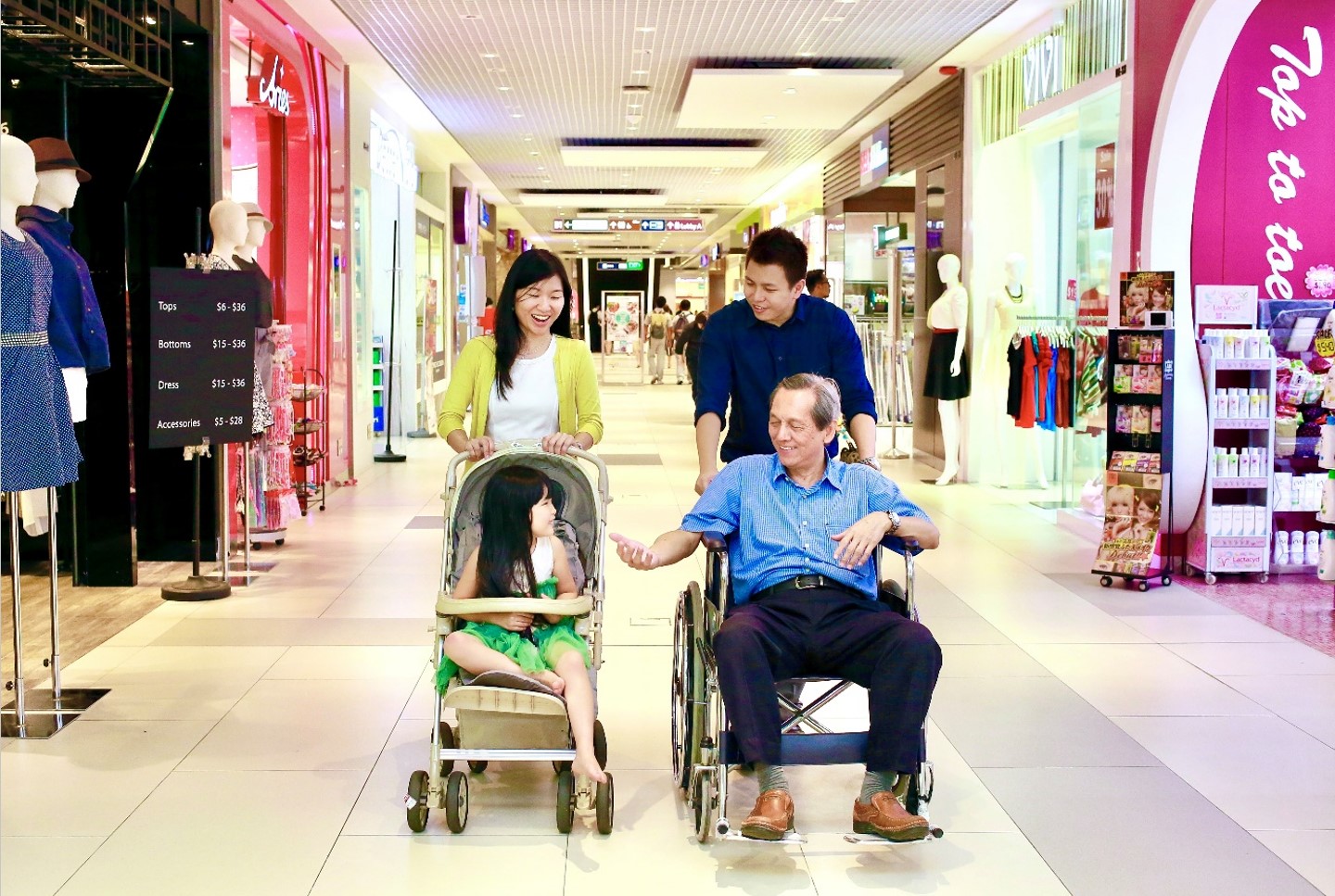 Image of child in pram and elderly in wheelchair in a shopping mall
